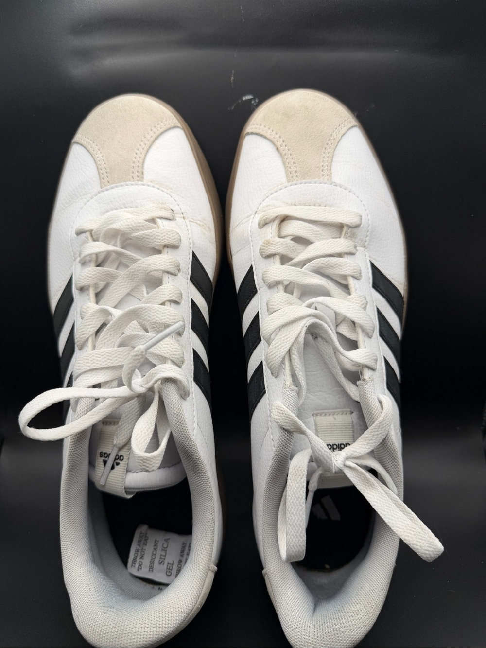 adidas Men’s White Athletic Sneakers with Black Stripes and Beige Toe -size 11